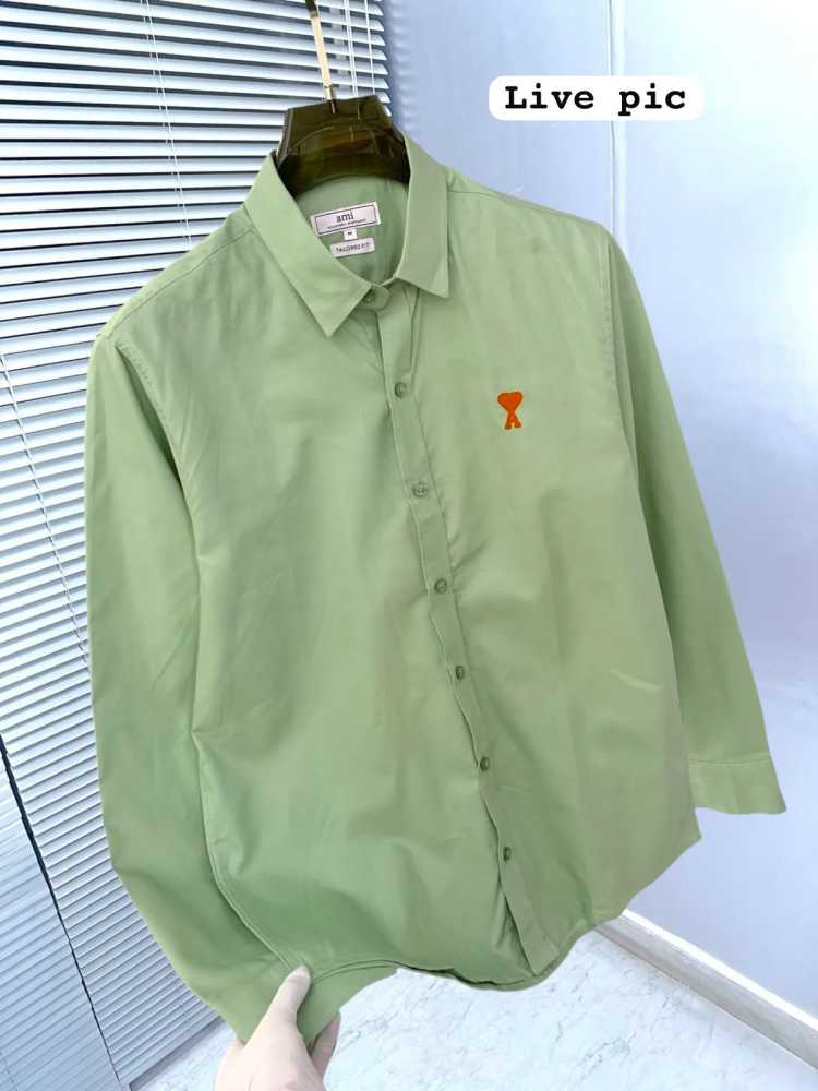 Ami Paris Heart Logo Green Striped Shirt-thumb-2