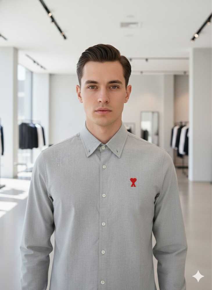 Ami Paris Heart Logo Grey Striped Shirt-thumb-1