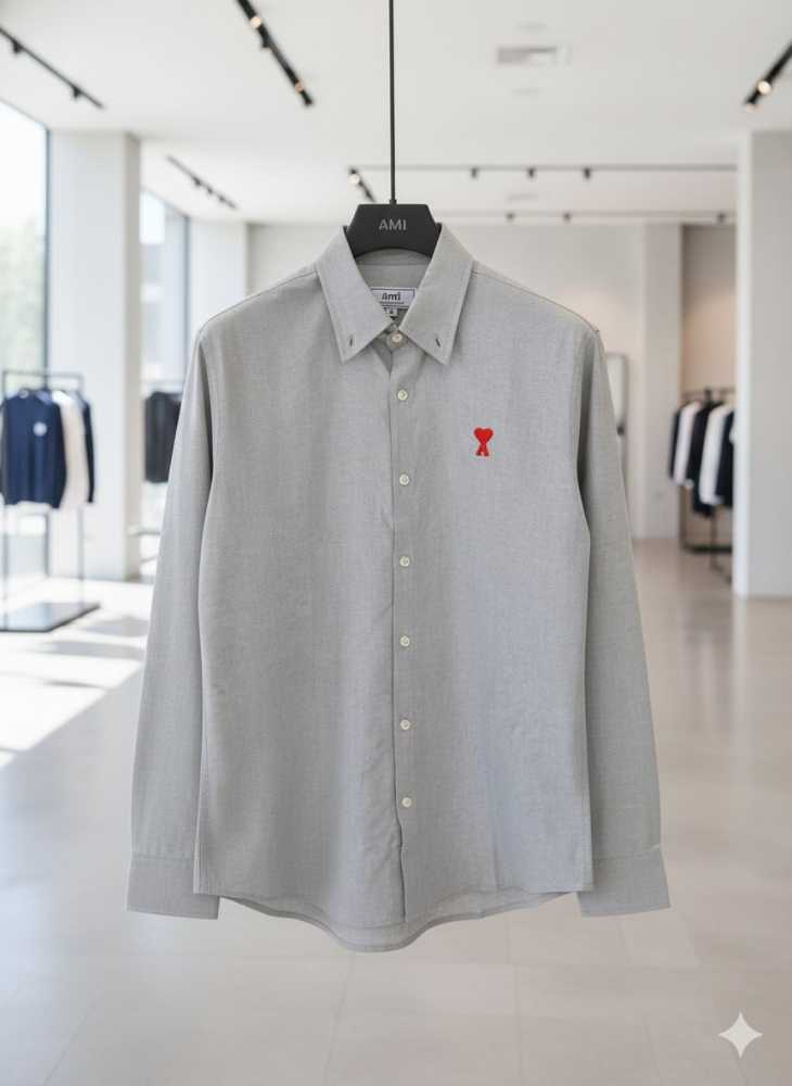 Ami Paris Heart Logo Grey Striped Shirt-thumb-0