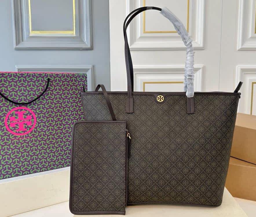 Tory Burch Perry Dark Brown Small Embossed Tote Bag