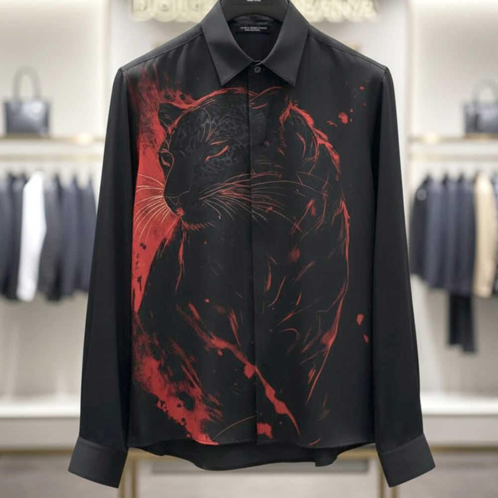 Dolce & Gabbana Crimson Wildcat Print Black Premium Quality Cotton Shirt-1