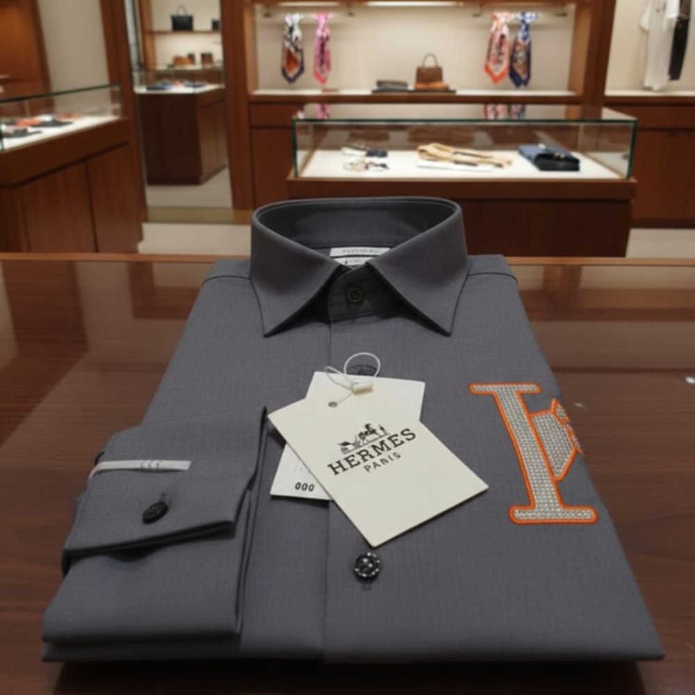 Hermès H Logo Embroidery Grey Premium Shirt-3