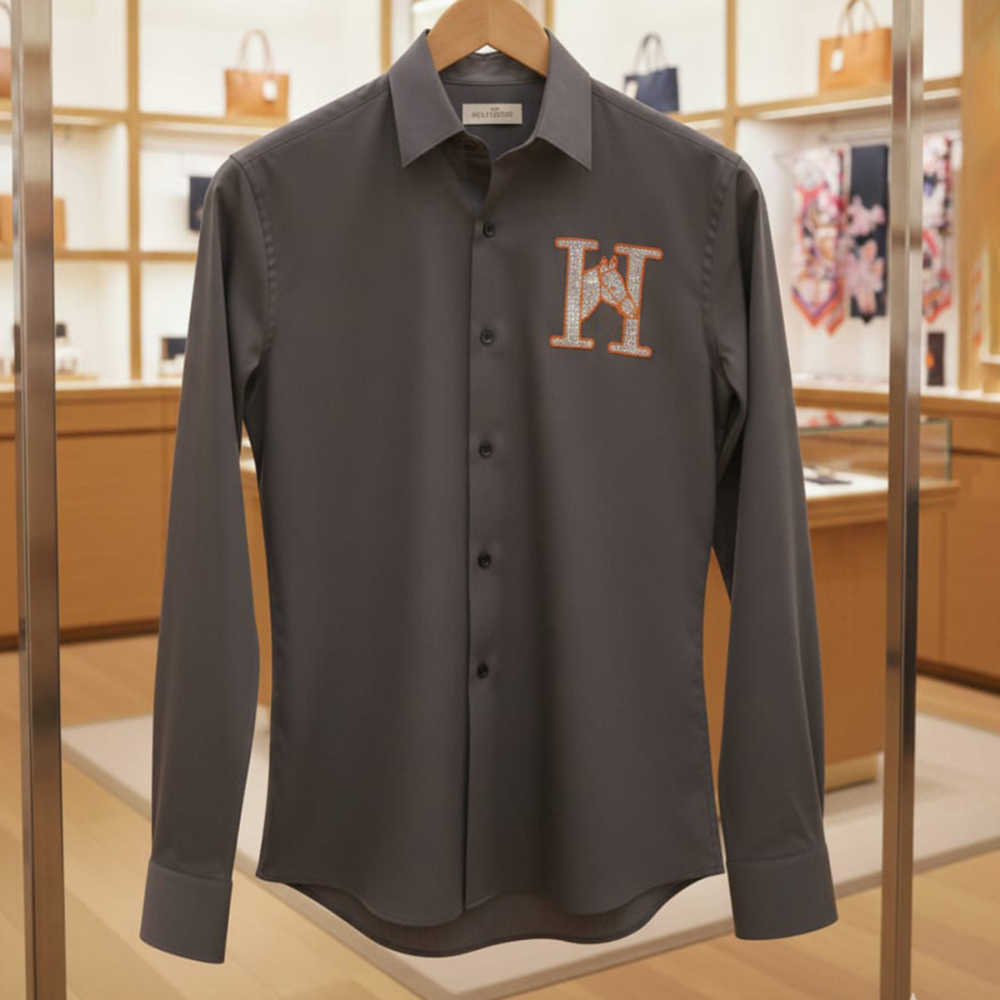 Hermès H Logo Embroidery Grey Premium Shirt-1