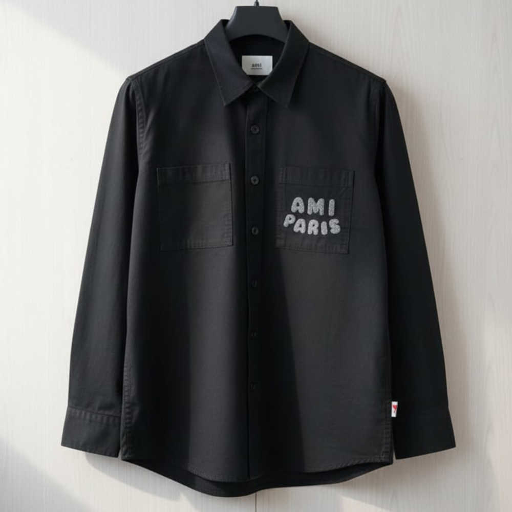 Ami Paris Embroidery Logo Black Cotton Shirt-1