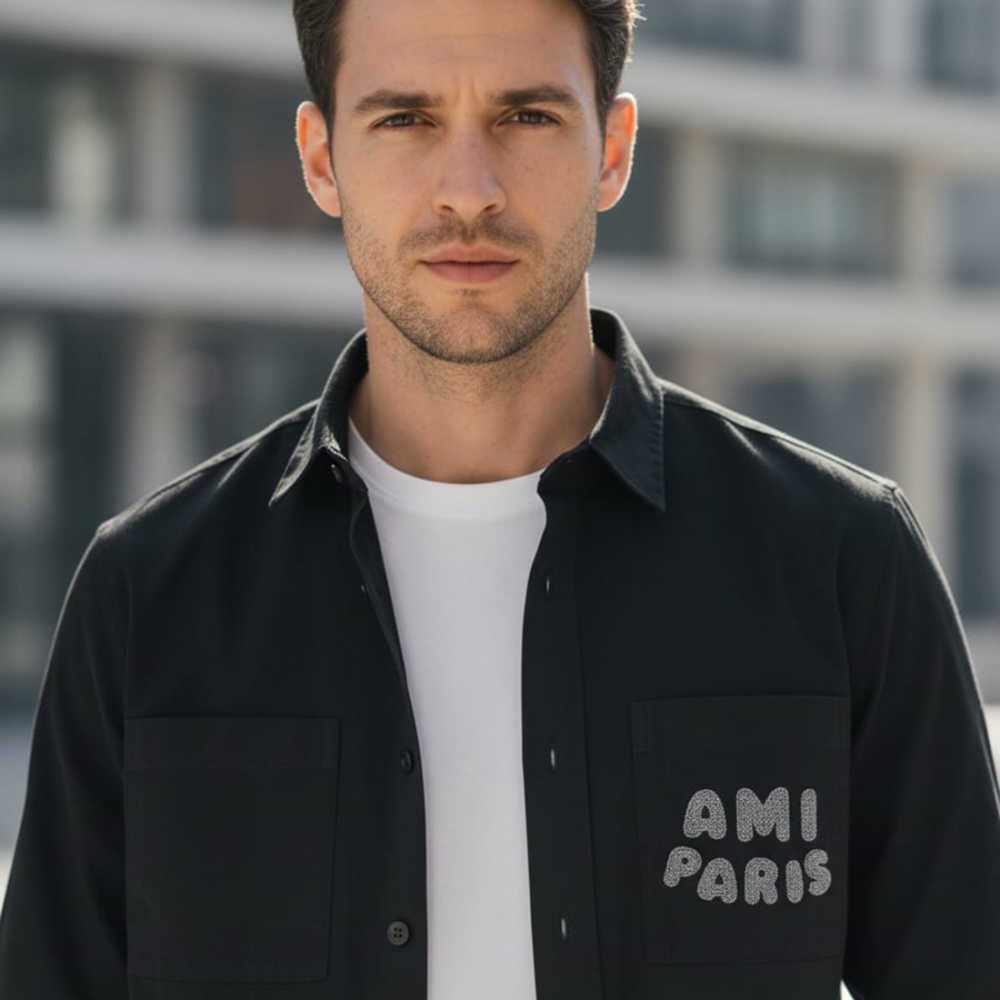 Ami Paris Embroidery Logo Black Cotton Shirt-2