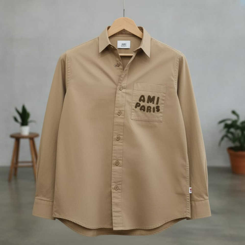 Ami Paris Embroidery Logo Beige Cotton Shirt-2