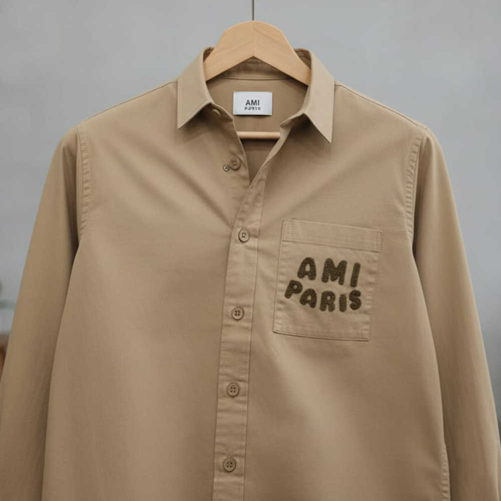 Ami Paris Embroidery Logo Beige Cotton Shirt-1