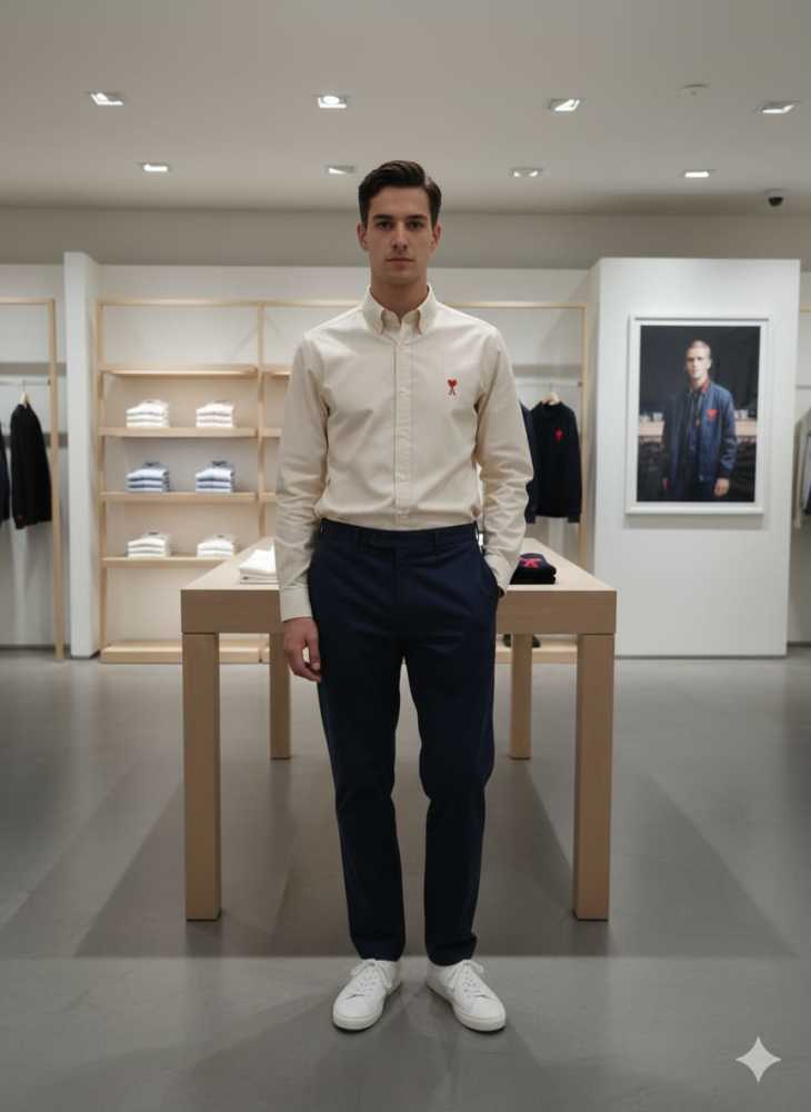 Ami Paris Heart Logo Cream Striped Shirt-thumb-1