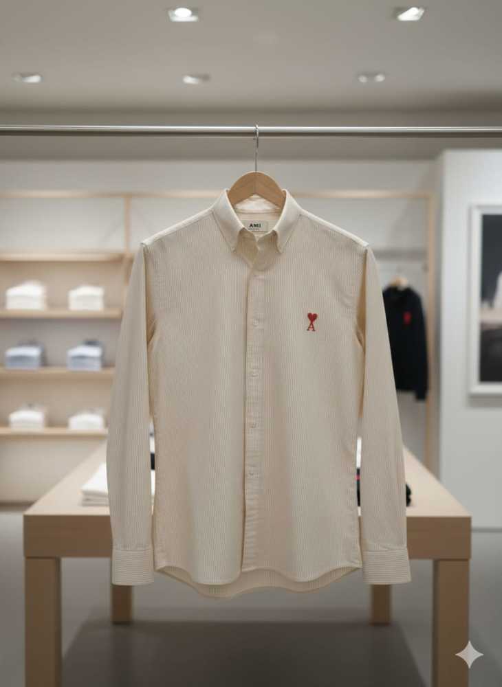 Ami Paris Heart Logo Cream Striped Shirt-thumb-2