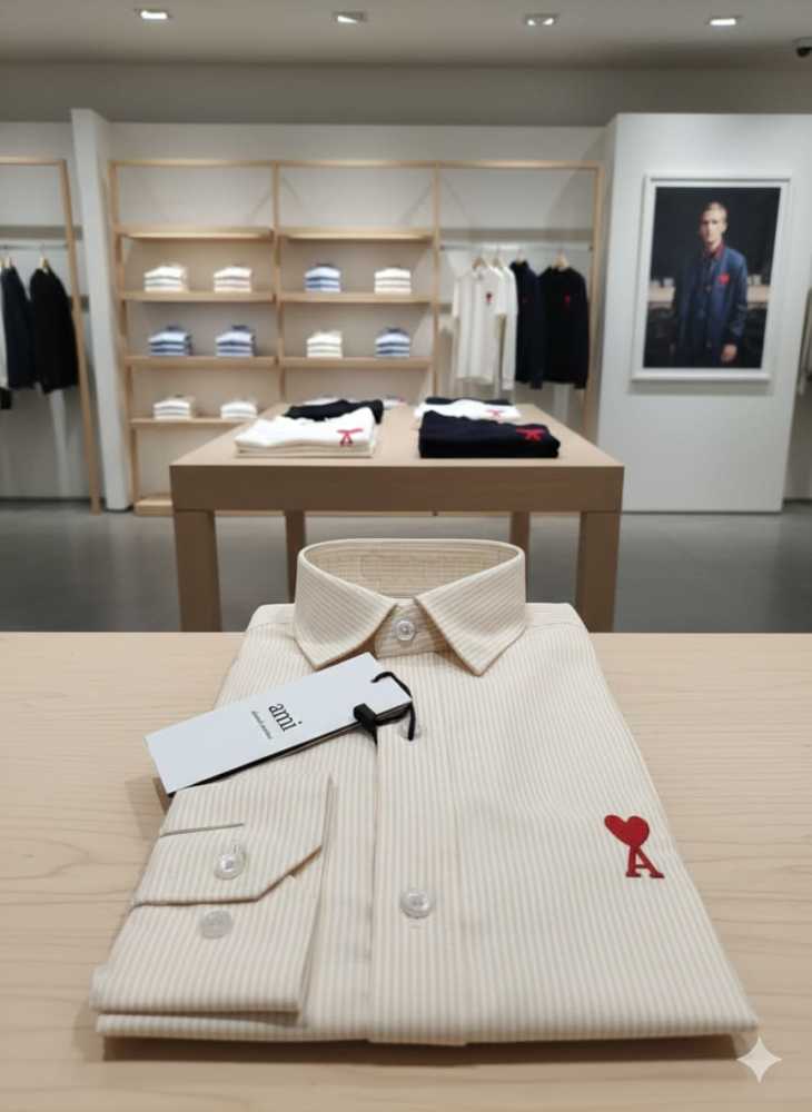 Ami Paris Heart Logo Cream Striped Shirt-thumb-3