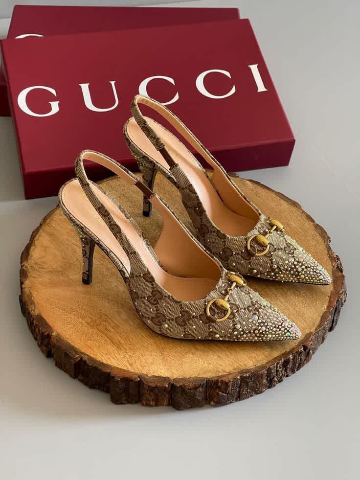 Gucci Women's Crystal Horsebit Brown Slingback Heels Sandles