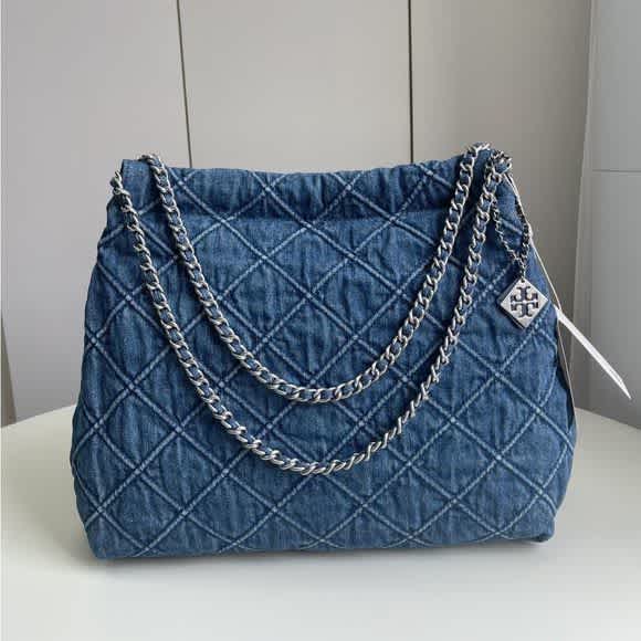 Tory Burch Fleming Blue Denim Satchel Tote Bag