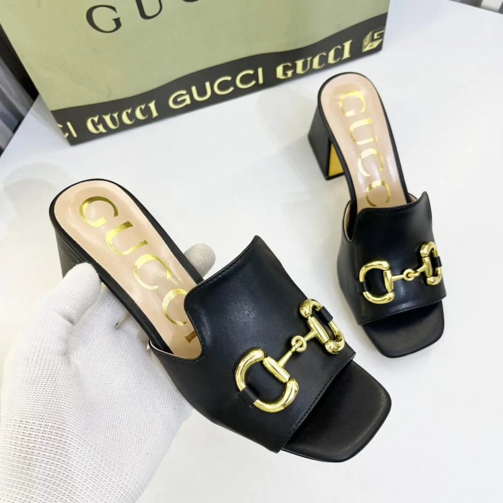 Gucci Black Leather Premium Quality Heel Sandals
