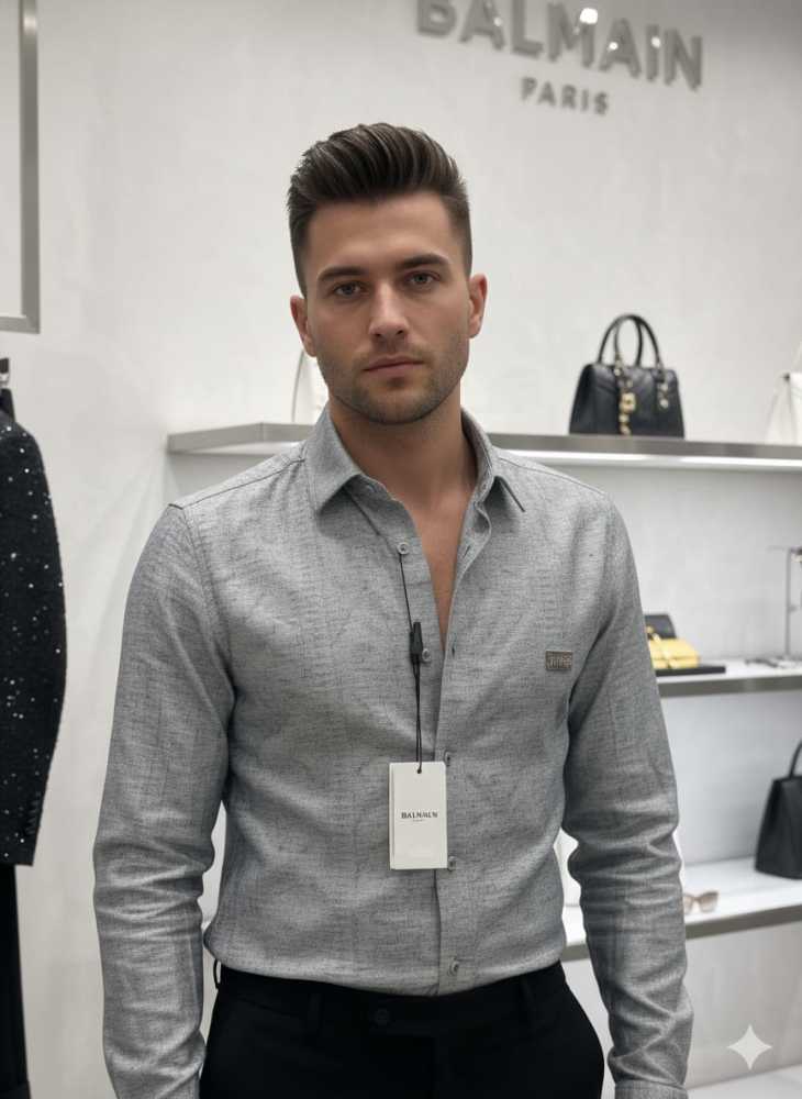 Balmain Embroidered Grey Premium Cotton Shirt