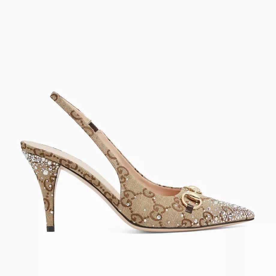 Gucci Women's Crystal Horsebit Brown Slingback Heels Sandles