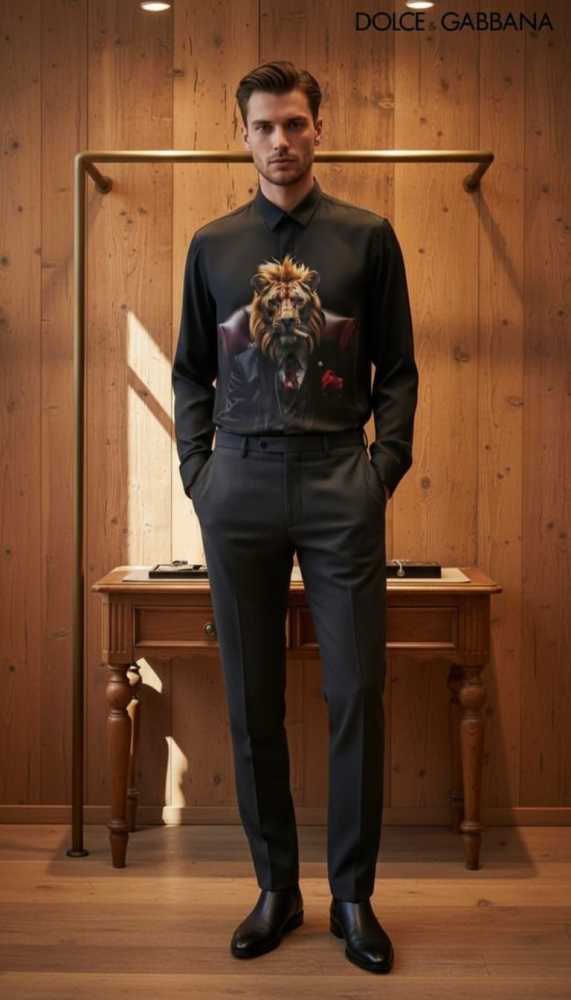 Dolce & Gabbana Lycra Cotton Black Lion Print Premium Shirt-1