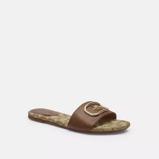 Coach Brown Canvas Print Women's Flat Sandal-thumb-4