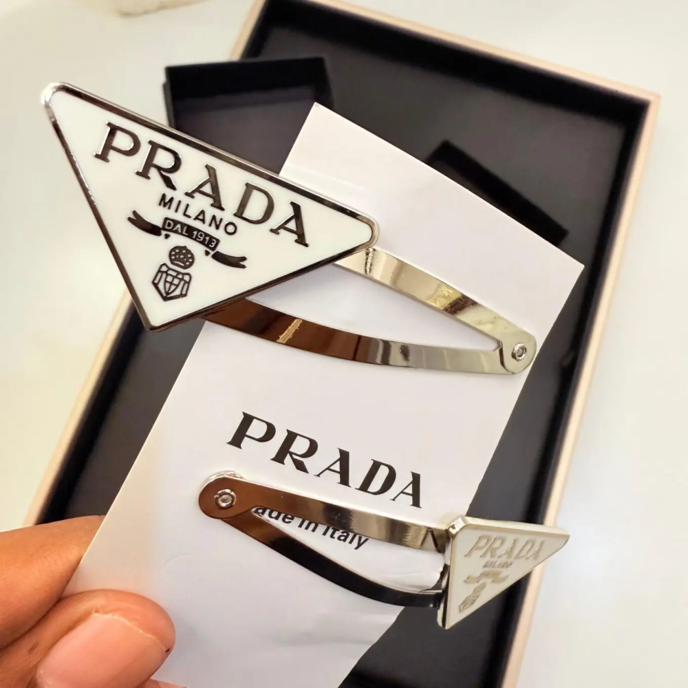 Prada Enameled White Triangle-logo Hair Clips-thumb-0