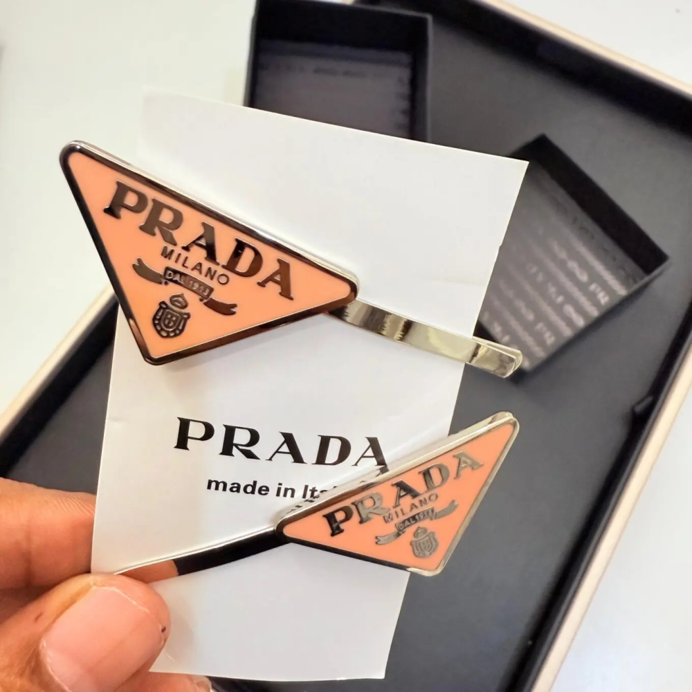 Prada Enameled Orange Triangle-logo Hair Clips-thumb-0