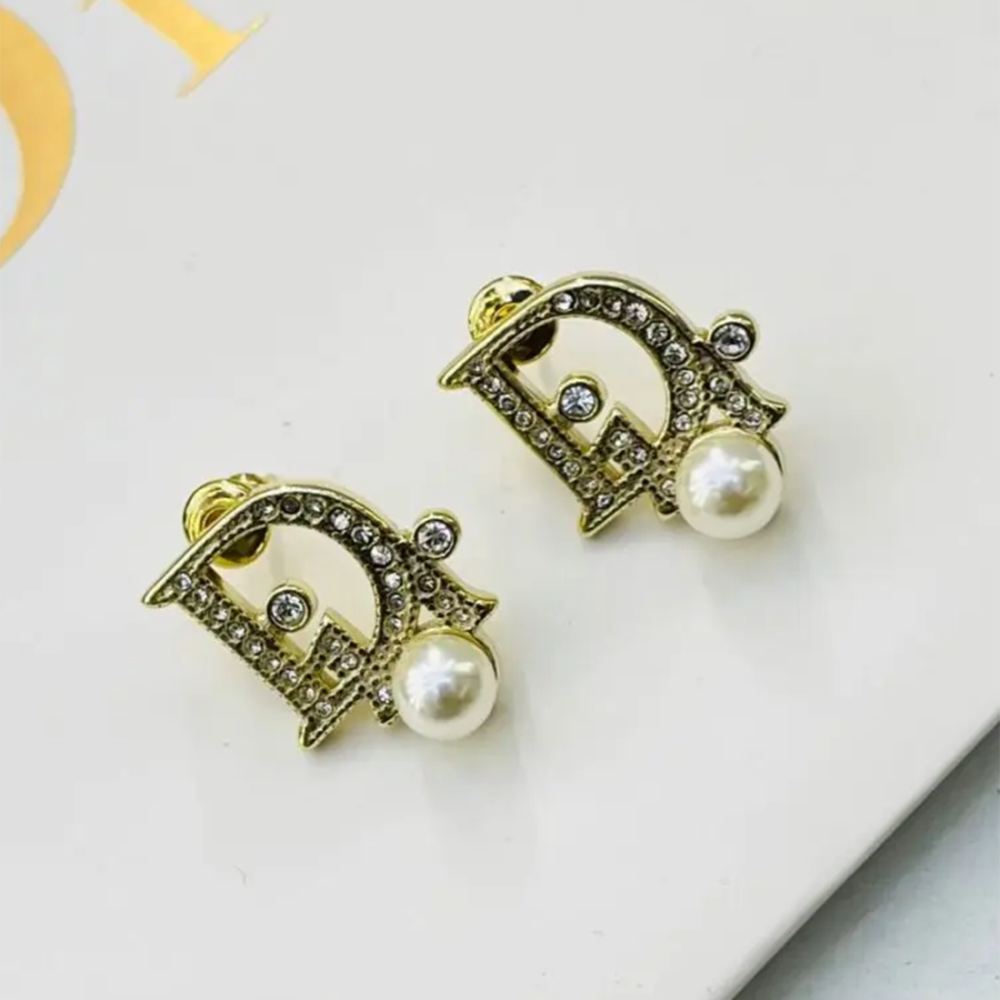 Christian Dior Logo Pearl Stud Earrings-thumb-0