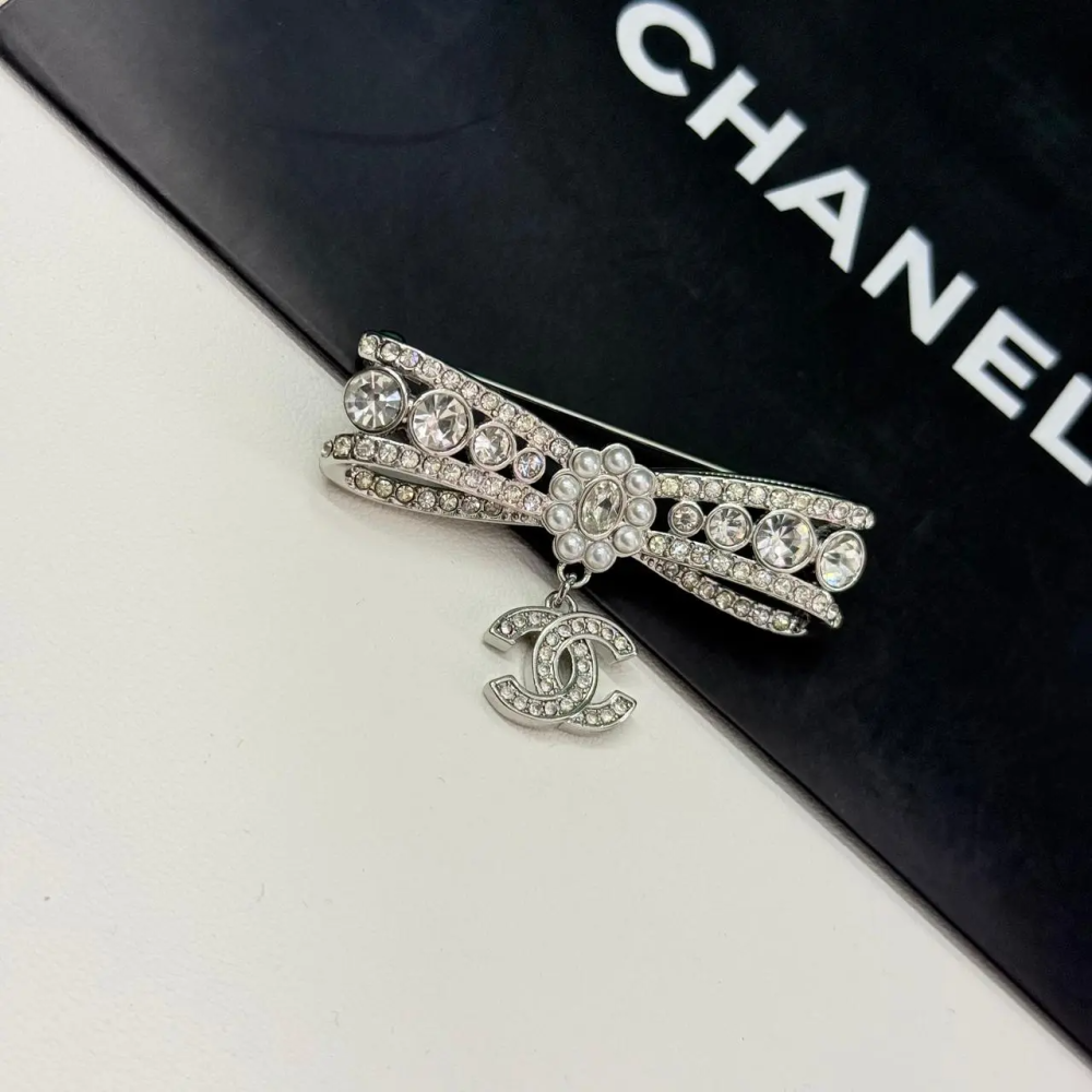 Chanel Crystal & Pearl Bow Silver-Tone Brooch with CC Charm-thumb-0
