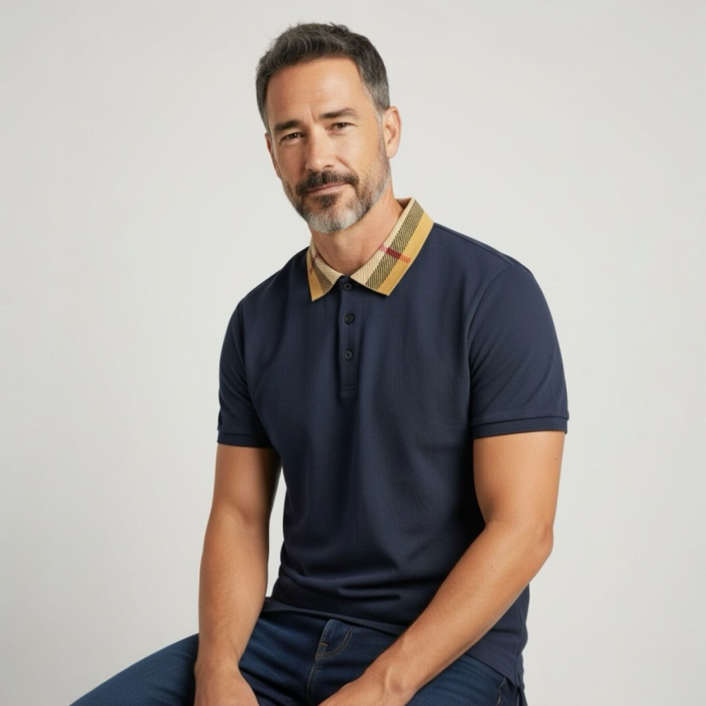 Burberry Check Collar Blue Polo Tshirt-thumb-0