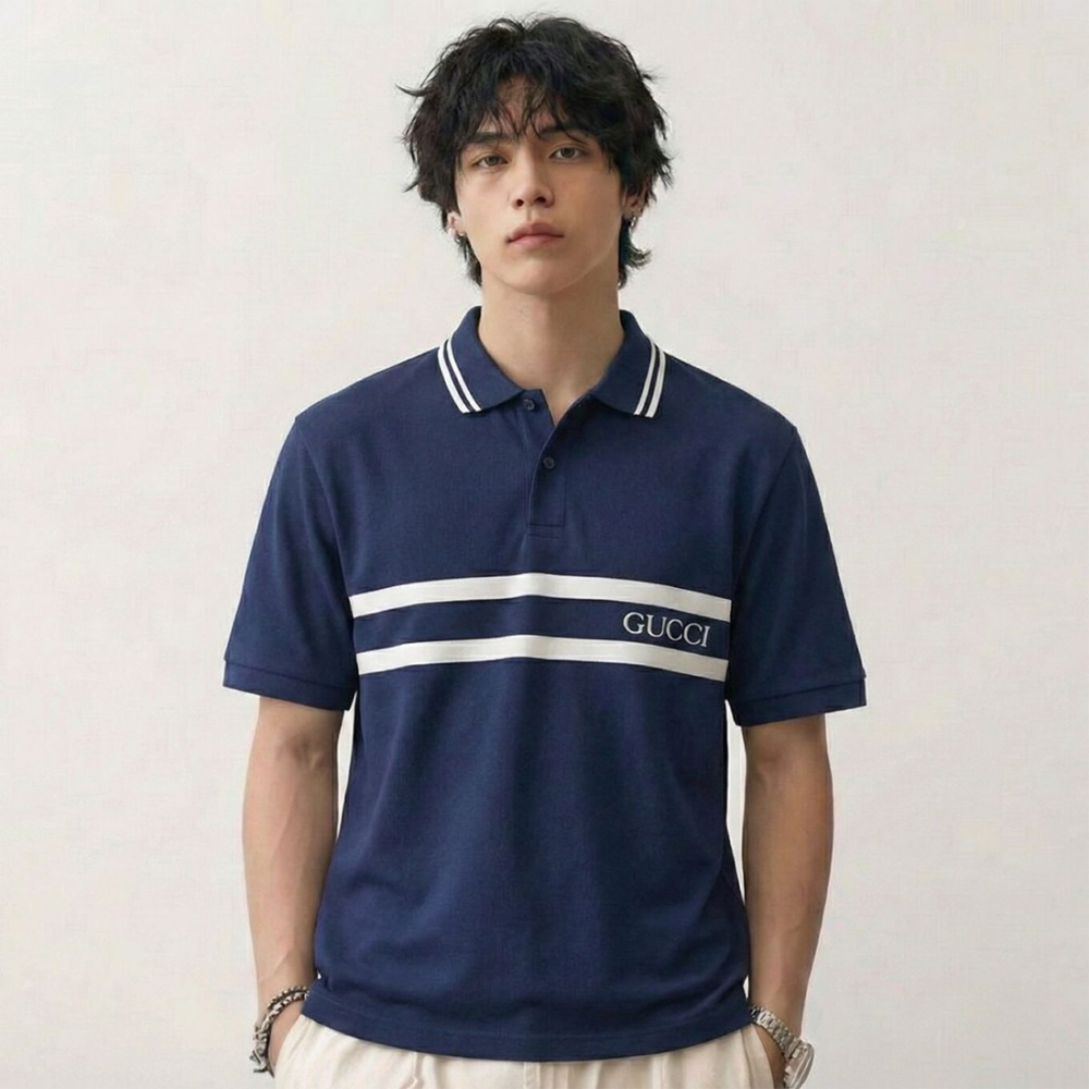 Gucci Blue Cotton Polo T-Shirt with Gucci Print-thumb-0