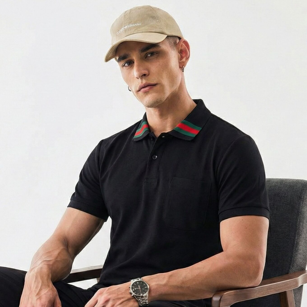 Gucci Logo-Embroidered Stretch-Cotton Black Polo Shirt-thumb-0