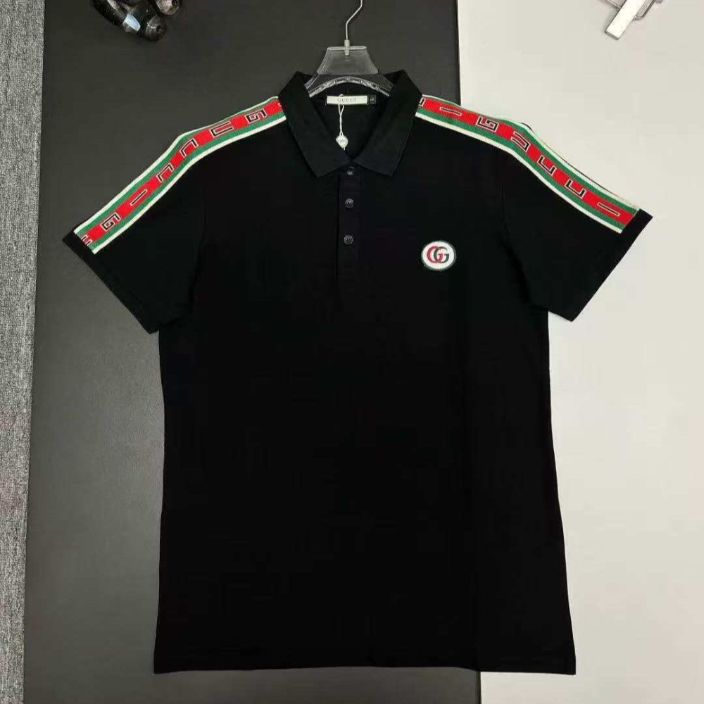 Gucci Interlocking G Stripe Black Cotton Polo Shirt-thumb-0