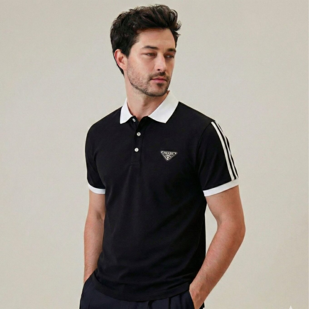 Prada Contrast-Collar Black Cotton Polo T-shirt-thumb-0