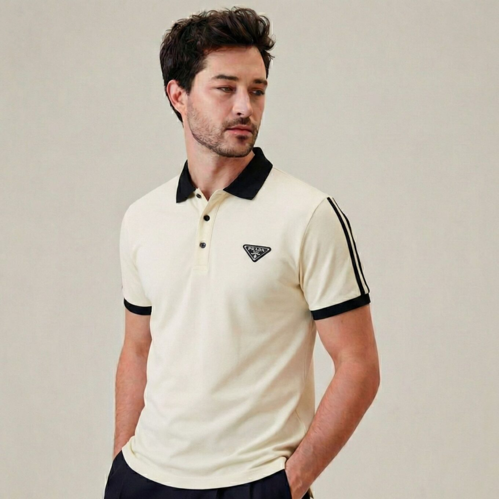 Prada Contrast-Collar Cream Cotton Polo T-shirt-thumb-0