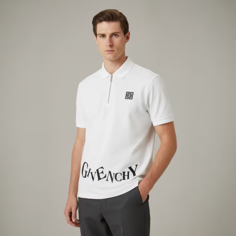 Givenchy 4G Logo Zip-Up White Polo Shirt-thumb-0