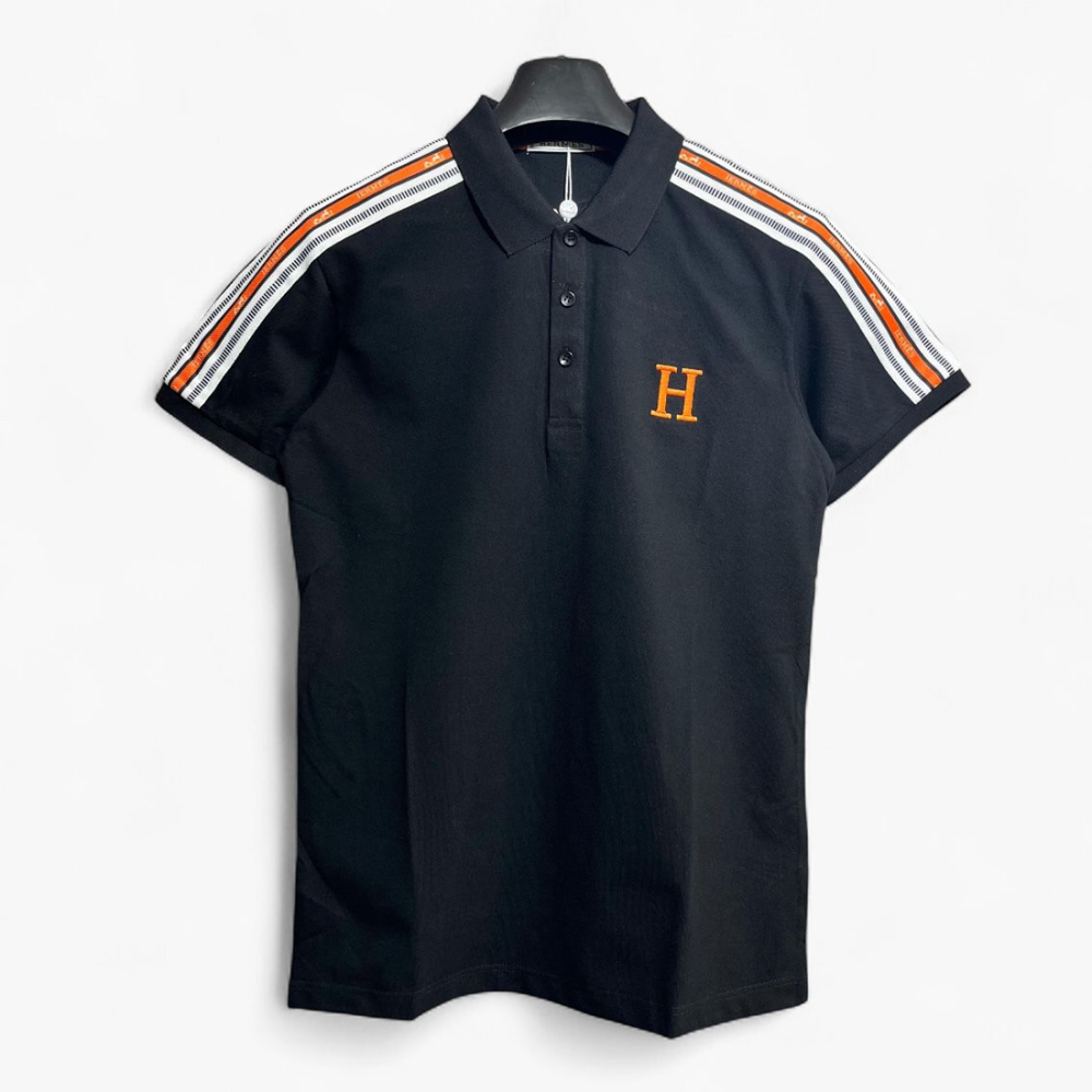 Hermès Black Polo T-Shirt with Striped Shoulders-thumb-0