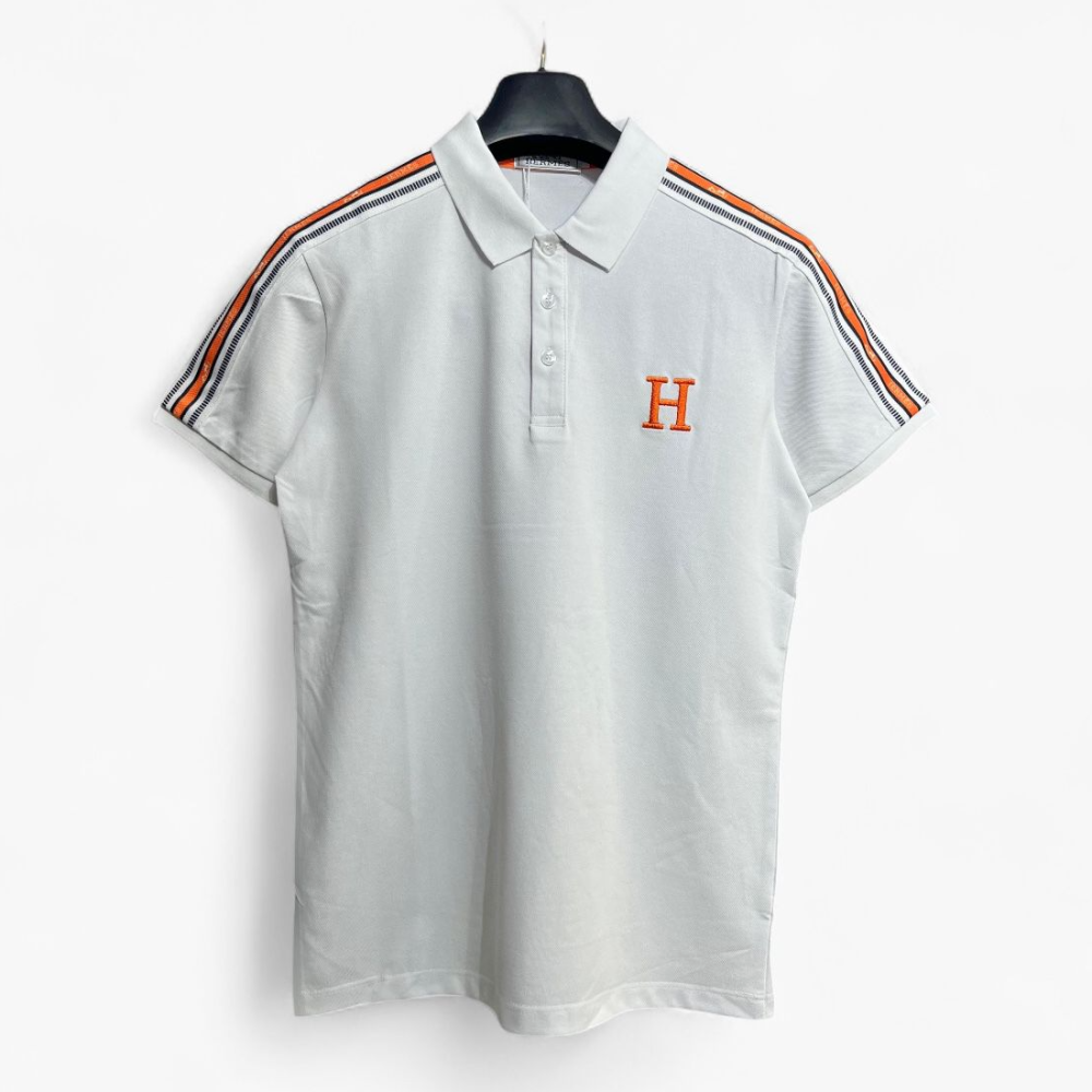 Hermès White Polo T-Shirt with Striped Shoulders-thumb-0