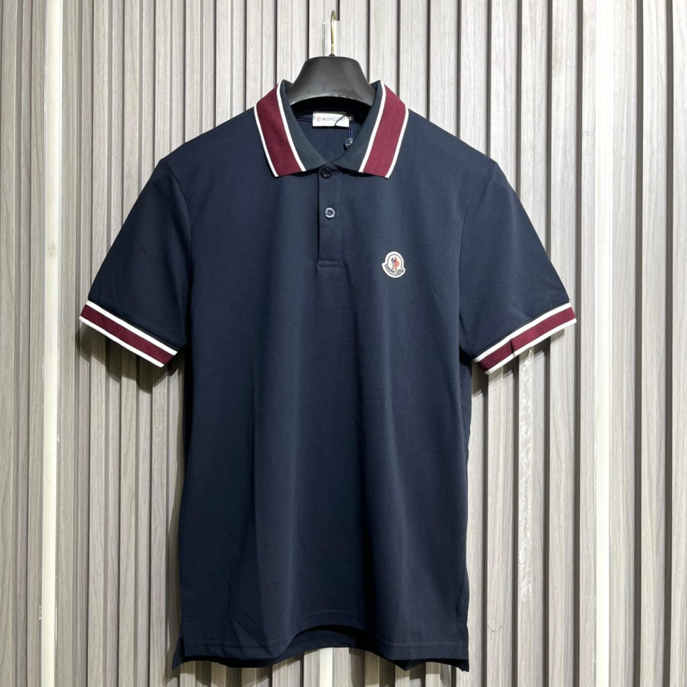 Moncler Logo-Patch Blue Cotton Polo T-Shirt-thumb-0