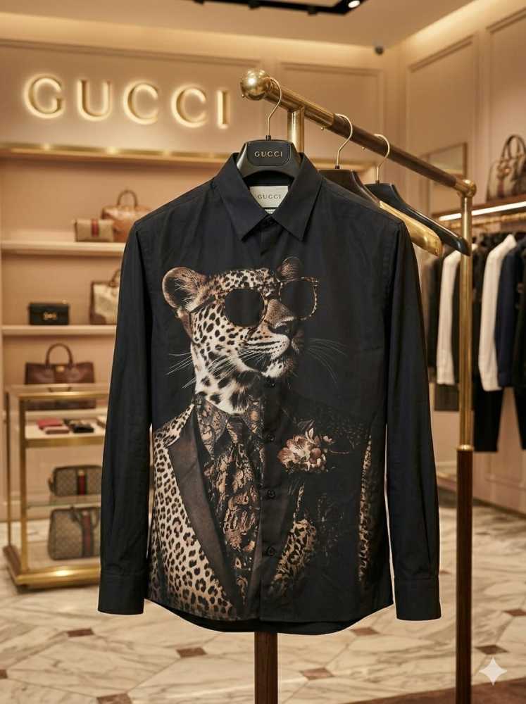 Gucci Leopard Print Black Premium Quality Cotton Shirt-thumb-2