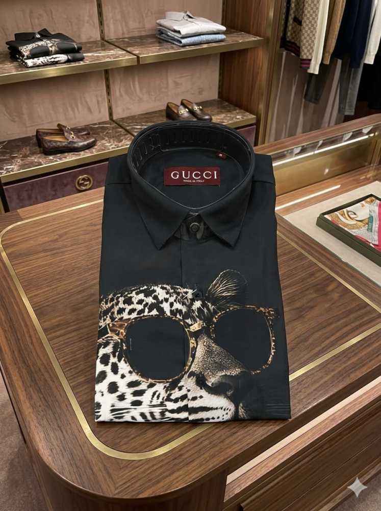 Gucci Leopard Print Black Premium Quality Cotton Shirt-thumb-3