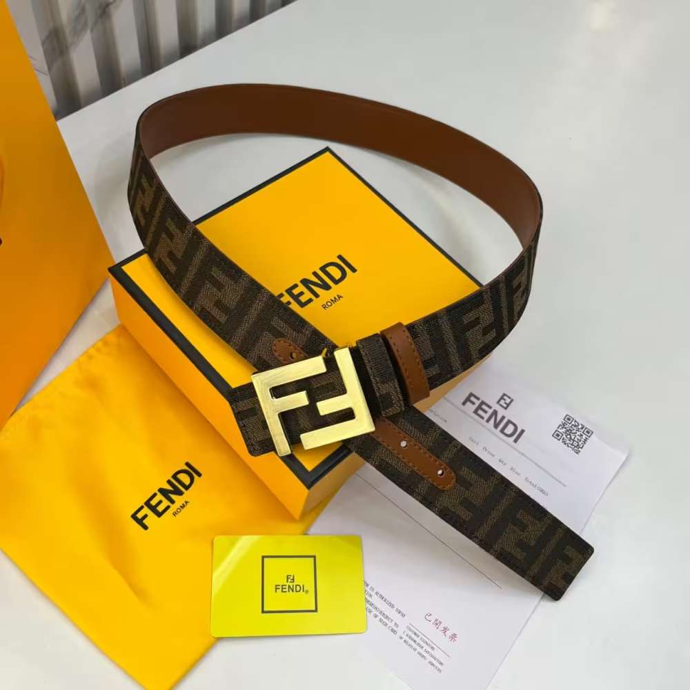 Fendi FF Squared Brown & Gold Reversible Belt-thumb-0