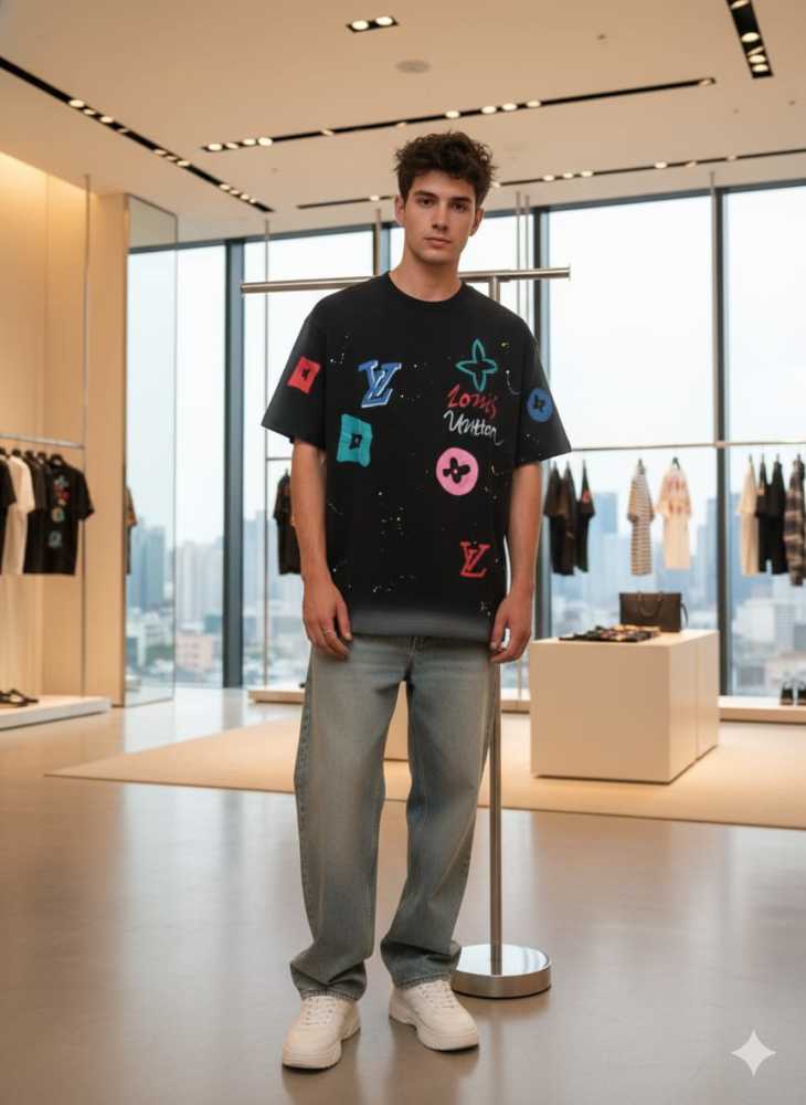 Louis Vuitton Black Embroidery Logo Premium T-shirt-thumb-0