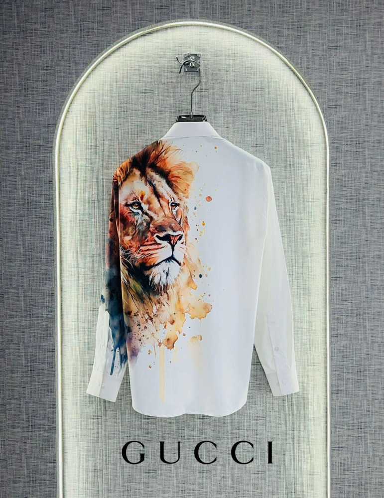 Gucci Lion Print White Premium Quality Cotton Shirt-1