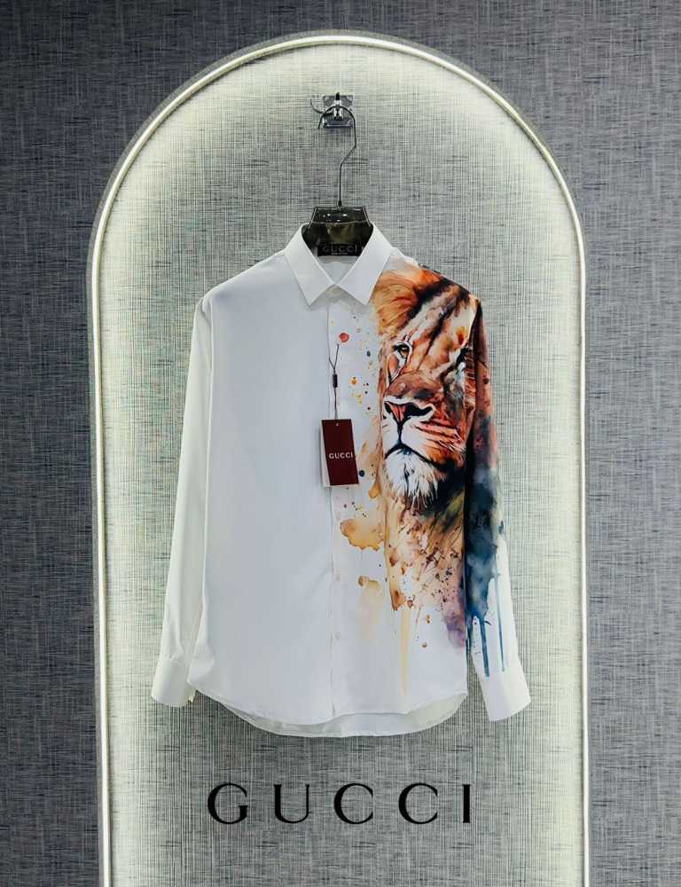 Gucci Lion Print White Premium Quality Cotton Shirt