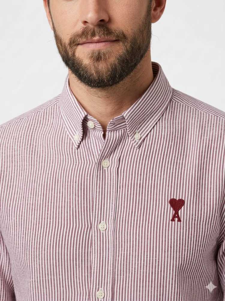 Ami Paris Heart Logo Wine Striped Shirt