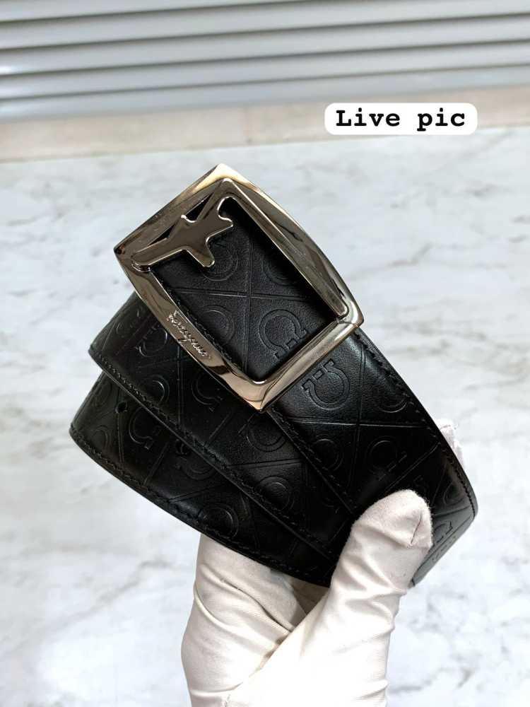 Salvatore Ferragamo Grey & Black Premium Quality Leather Belt-thumb-3