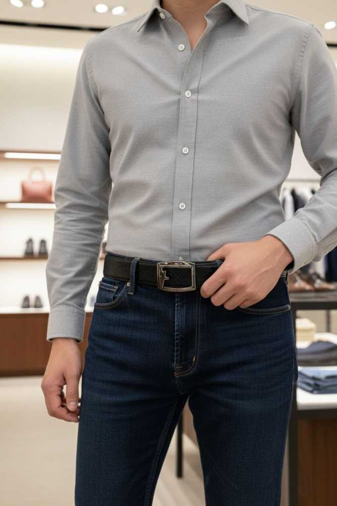 Salvatore Ferragamo Grey & Black Premium Quality Leather Belt-thumb-1