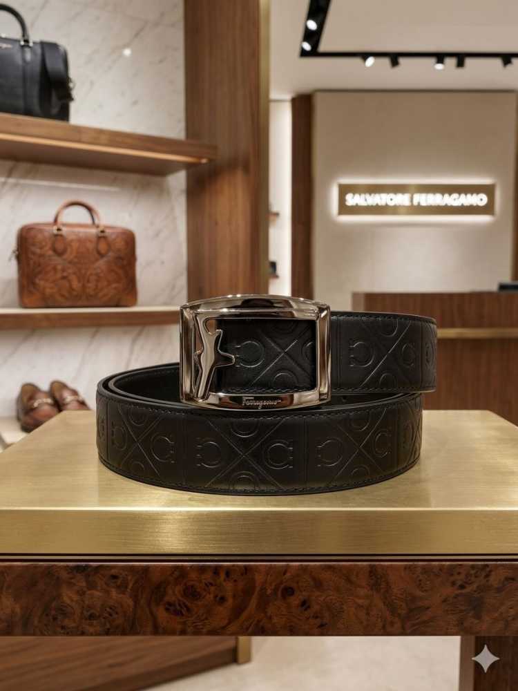 Salvatore Ferragamo Grey & Black Premium Quality Leather Belt
