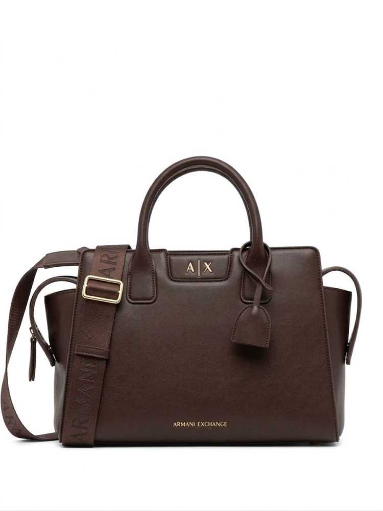 Armani Exchange Glossy Dark Brown Embossed Logo Tote Bag