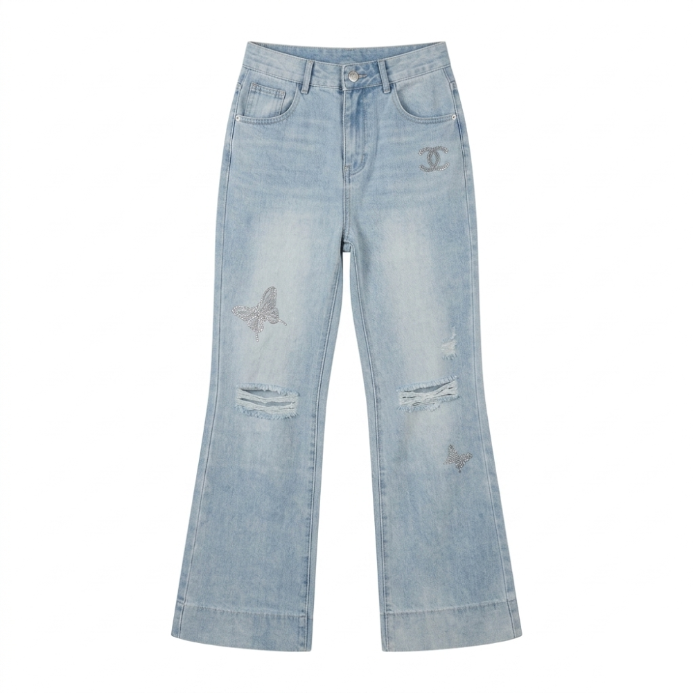 Chanel Light-Wash Butterfly Embroidered Wide-Leg Jeans