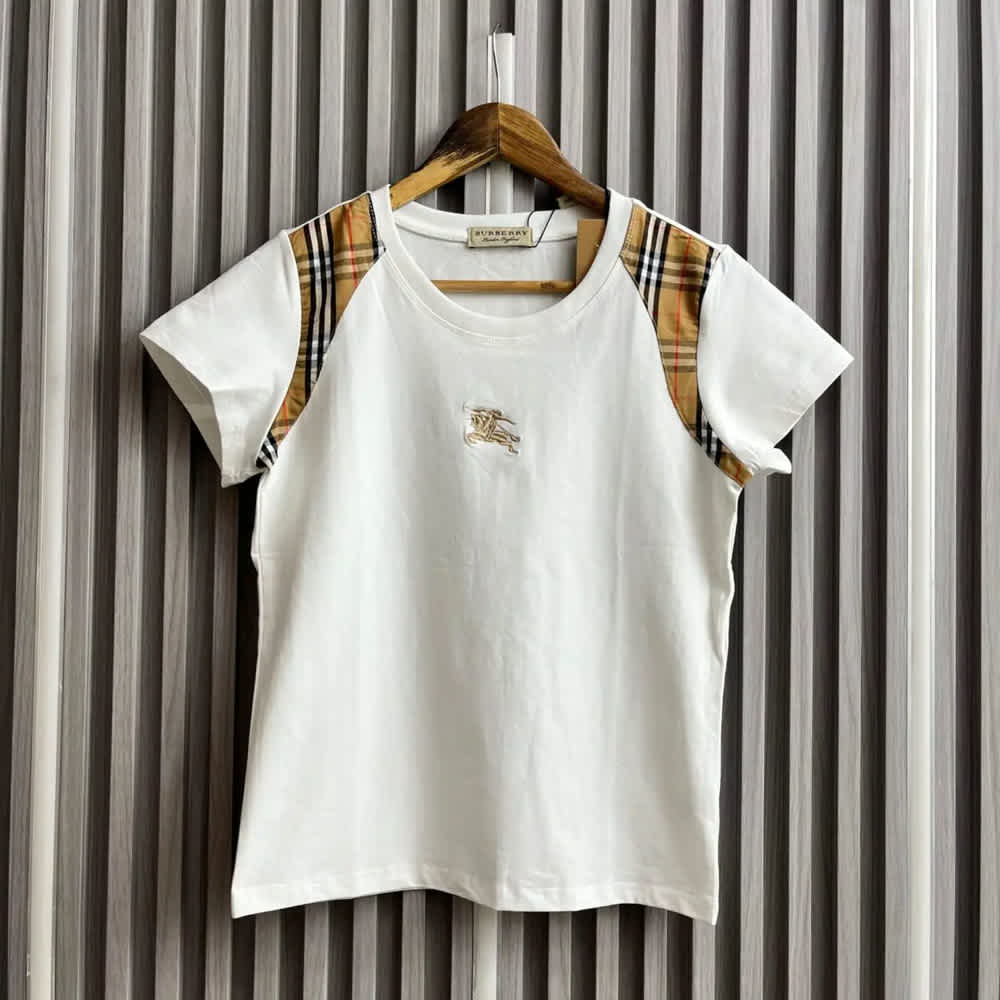 Burberry Check Trim White Cotton T-shirt