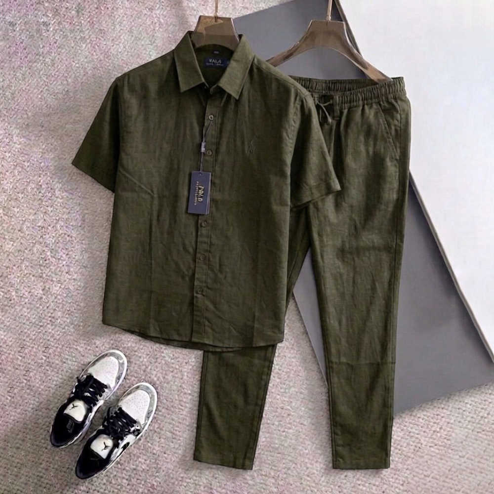 Polo Ralph Lauren Linen Olive Green Short-Sleeve Shirt & Trousers Co-ord Set