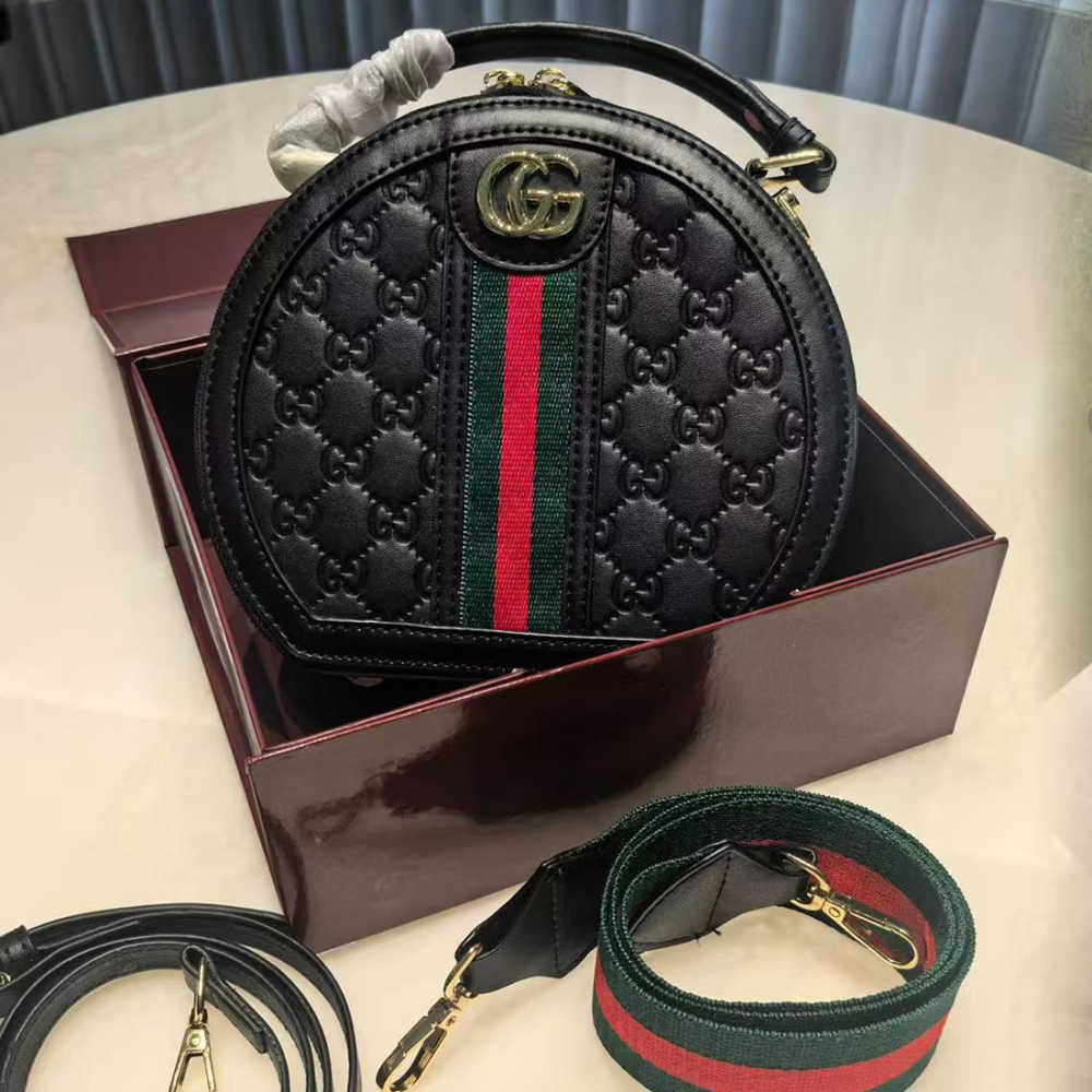 Gucci GG Supreme Monogram Web Black Mini Ophidia Round Shoulder Bag